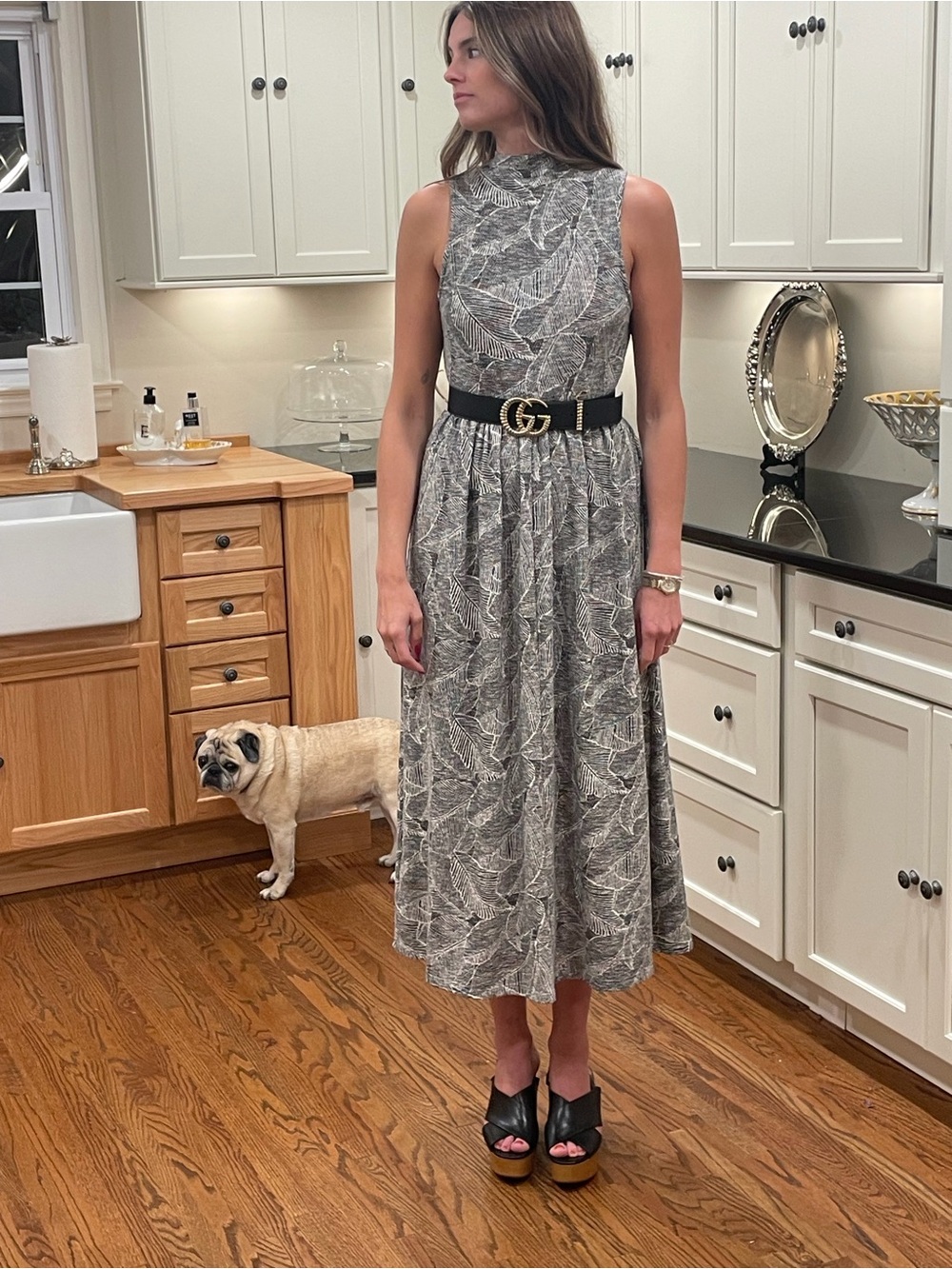 Anthropologie Gray and White Leaf-Print Maxi Dress